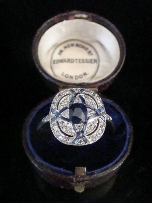 TESSIER OF LONDON ART DECO PLATINUM NATURAL SAPPHIRE OLD CUT DIAMOND RING - ADDITIONAL PHOTO 1