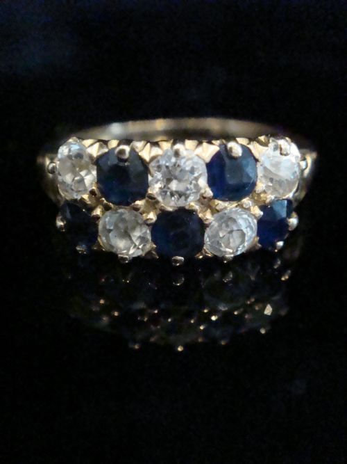 EDWARDIAN 18CT YELLOW GOLD OLD CUT DIAMOND NATURAL SAPPHIRE BOAT STACKING RING