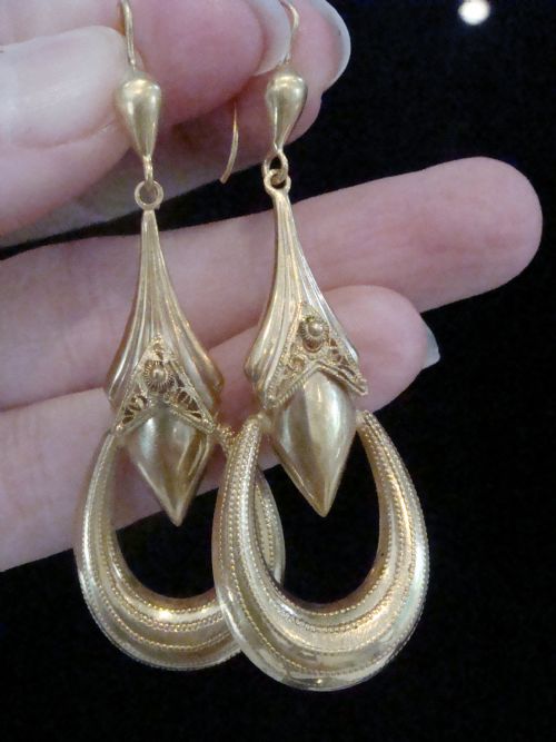 VERY LARGE VICTORIAN 9CT YELLOW GOLD EARRINGS FINE QUALITY - ADDITIONAL PHOTO 1