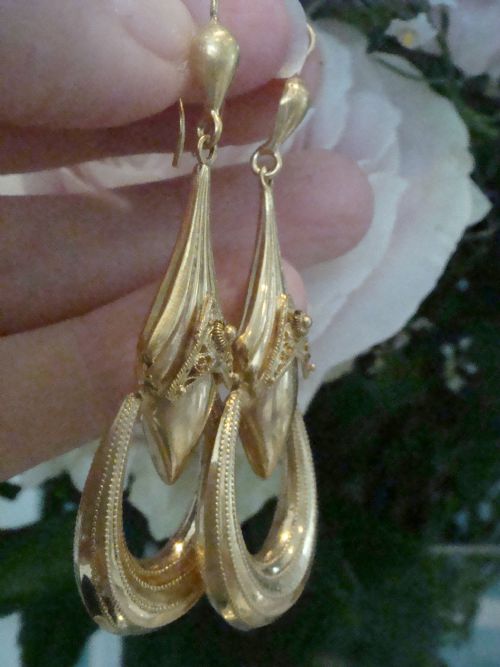 VERY LARGE VICTORIAN 9CT YELLOW GOLD EARRINGS FINE QUALITY - ADDITIONAL PHOTO 4