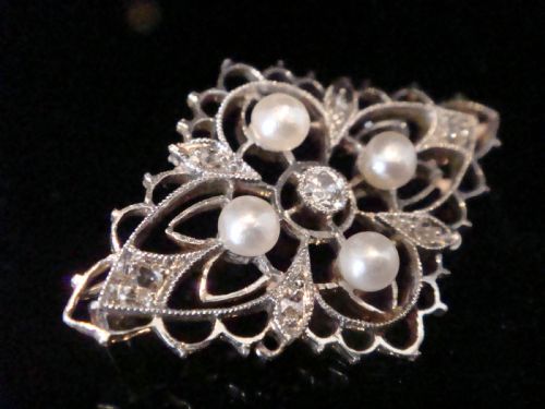 genuine art nouveau edwardian 18ct platinum old cut diamond pearl brooch - CATEGORY: ANTIQUE JEWELLERY - DATED EDWARDIAN