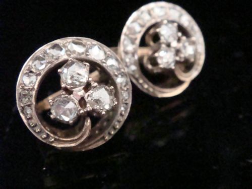 FRENCH 18CT YELLOW GOLD ART NOUVEAU ROSE CUT DIAMOND 3 LEAF CLOVER STUD EARRINGS - ADDITIONAL PHOTO 1