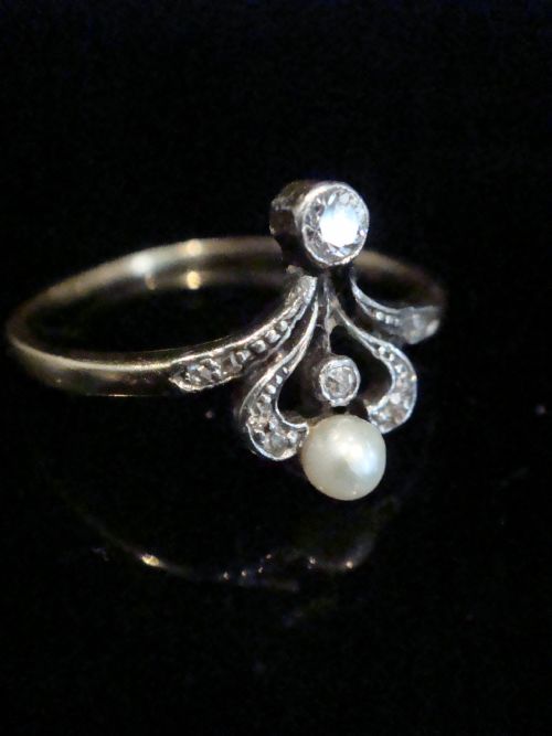 FRENCH EDWARDIAN 18CT YELLOW GOLD NATURAL PEARL OLD CUT DIAMOND RING - ADDITIONAL PHOTO 1