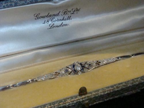 art deco 18ct natural sapphire old cut diamond bracelet in original fitted box - CATEGORY: ANTIQUE JEWELLERY - DATED GEORGIAN