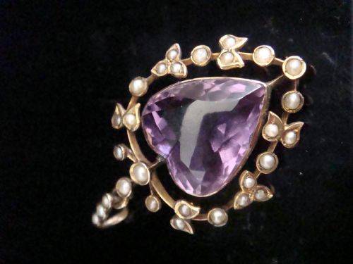 EDWARDIAN 9CT YELLOW GOLD LARGE AMETHYST AND SEED PEARL HEART PENDANT - ADDITIONAL PHOTO 2