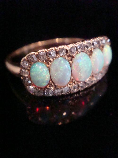 EDWARDIAN 14CT YELLOW GOLD NATURAL SOLID OPAL AND OLD CUT DIAMOND 5 STONE RING - ADDITIONAL PHOTO 1