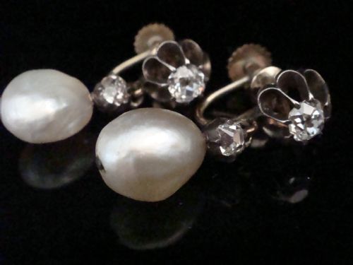 EDWARDIAN 18CT NATURAL SALTWATER PEARL OLD CUT DIAMOND EARRINGS SCREW FIXING - ADDITIONAL PHOTO 2