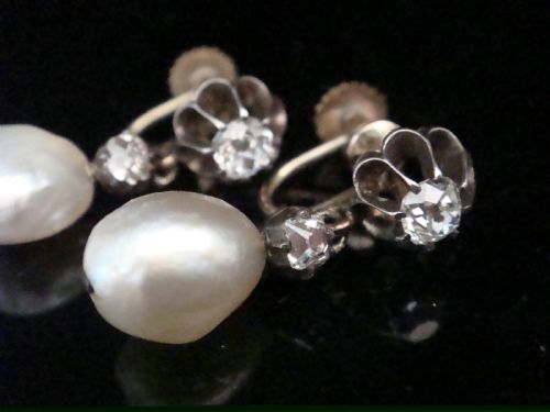 EDWARDIAN 18CT NATURAL SALTWATER PEARL OLD CUT DIAMOND EARRINGS SCREW FIXING - ADDITIONAL PHOTO 3
