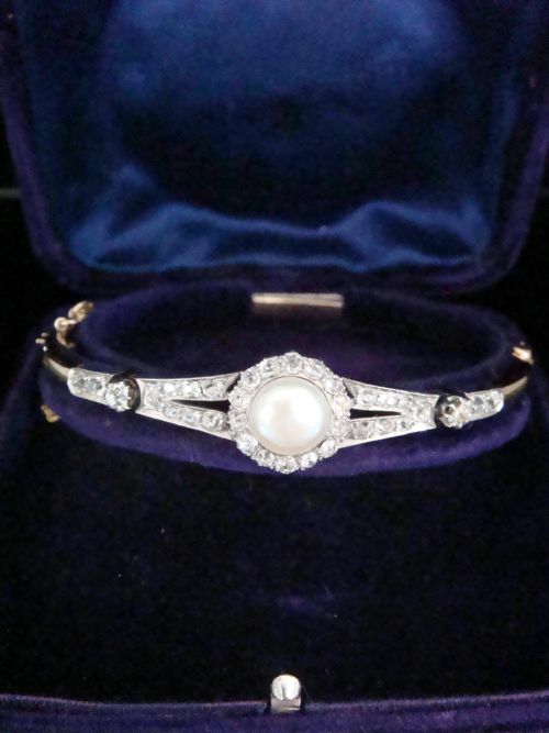 edwardian 18ct platinum natural saltwater pearl and diamond bangle bracelet - CATEGORY: ANTIQUE JEWELLERY - DATED EDWARDIAN