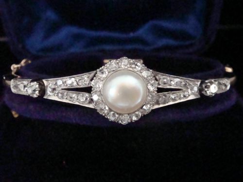 EDWARDIAN 18CT PLATINUM NATURAL SALTWATER PEARL AND DIAMOND BANGLE BRACELET - ADDITIONAL PHOTO 3