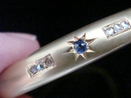 EDWARDIAN 15CT MATT YELLOW GOLD ROSE CUT DIAMOND SAPPHIRE RUBY STAR BANGLE 96G - ADDITIONAL PHOTO 3