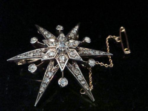 VICTORIAN 18CT OLD ROSE CUT DIAMOND CELESTIAL STAR STARBURST BROOCH PENDANT - ADDITIONAL PHOTO 2
