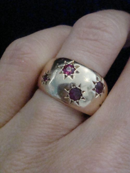 EDWARDIAN 9CT YELLOW GOLD THICK STAR CELESTIAL RUBY BOMBE GYPSY RING - ADDITIONAL PHOTO 1