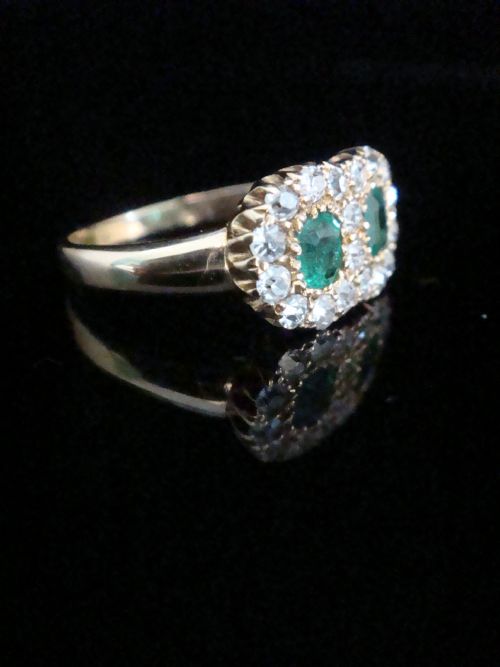EDWARDIAN 18CT YELLOW GOLD EMERALD DIAMOND DOUBLE TOI ET MOI CLUSTER RING - ADDITIONAL PHOTO 1