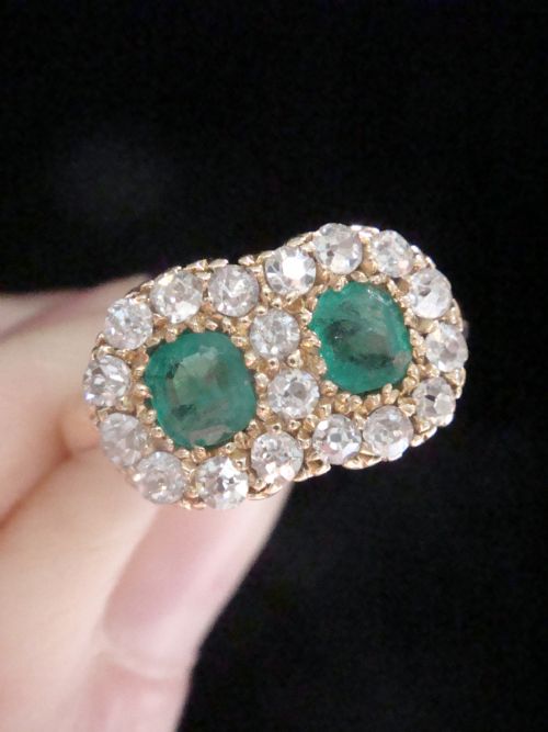 EDWARDIAN 18CT YELLOW GOLD EMERALD DIAMOND DOUBLE TOI ET MOI CLUSTER RING - ADDITIONAL PHOTO 5