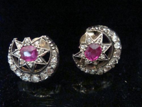 edwardian 18ct natural ruby rose cut diamond star crescent earrings - CATEGORY: ANTIQUE JEWELLERY - DATED EDWARDIAN