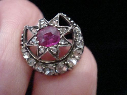 EDWARDIAN 18CT NATURAL RUBY ROSE CUT DIAMOND STAR CRESCENT EARRINGS - ADDITIONAL PHOTO 3