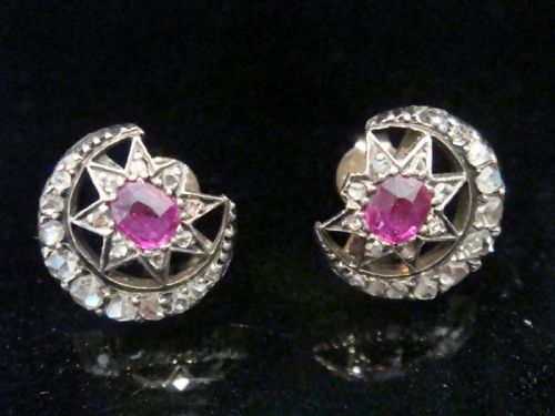 EDWARDIAN 18CT NATURAL RUBY ROSE CUT DIAMOND STAR CRESCENT EARRINGS - ADDITIONAL PHOTO 5