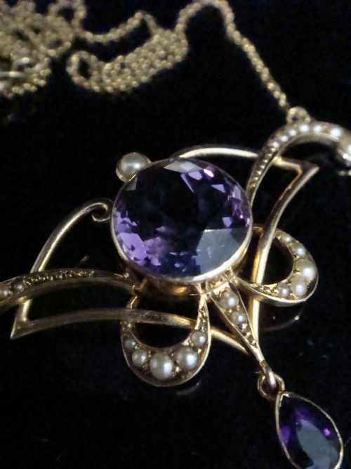 EDWARDIAN ART NOUVEAU 15CT AMETHYST PEARL DIAMOND LAVALIERE NECKLACE - ADDITIONAL PHOTO 2
