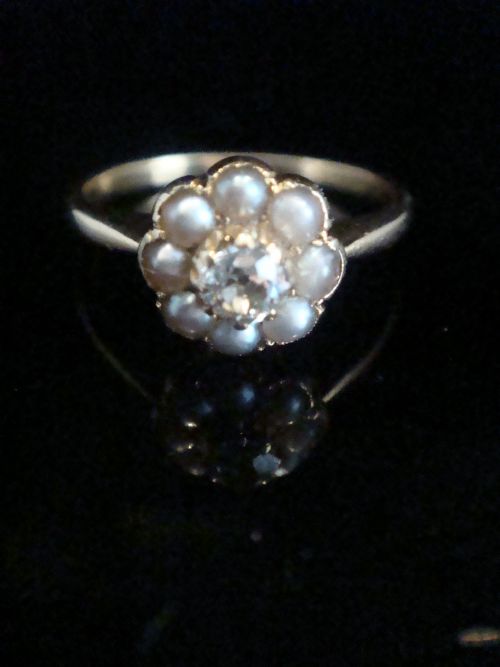 edwardian 18ct yellow gold old cut diamond 015ct and pearl cluster - CATEGORY: ANTIQUE JEWELLERY - DATED EDWARDIAN