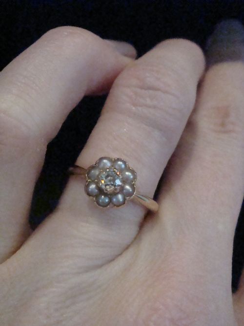 EDWARDIAN 18CT YELLOW GOLD OLD CUT DIAMOND 015CT AND PEARL CLUSTER - ADDITIONAL PHOTO 3