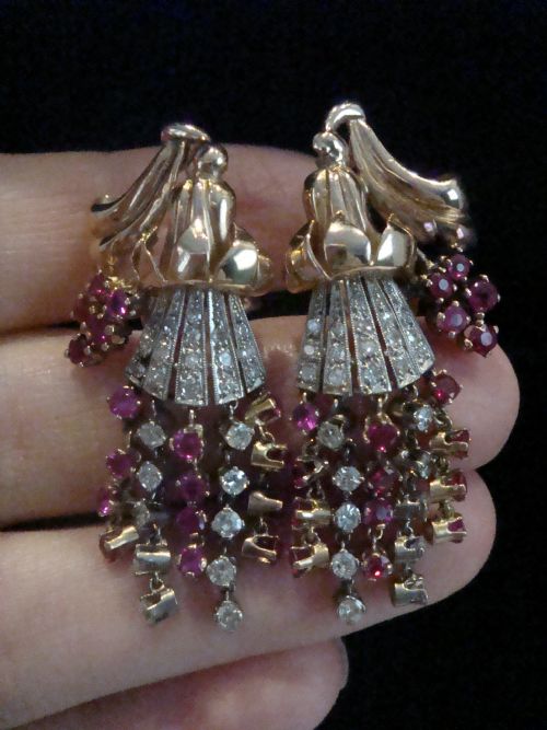french edwardian 18ct rose gold ruby and diamond chandelier earrings - CATEGORY: ANTIQUE JEWELLERY - DATED EDWARDIAN