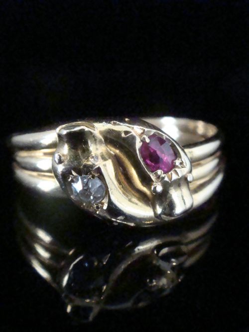VICTORIAN 18CT RUBY AND OLD CUT DIAMOND DOUBLE SNAKE RING RING SIZE Q - ADDITIONAL PHOTO 1