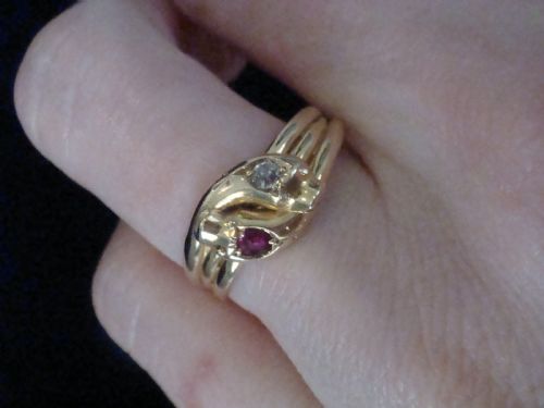 VICTORIAN 18CT RUBY AND OLD CUT DIAMOND DOUBLE SNAKE RING RING SIZE Q - ADDITIONAL PHOTO 3