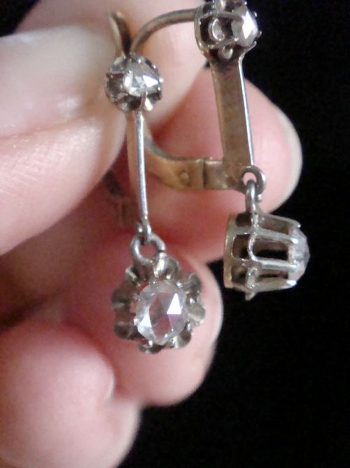 fig 1. Pair of Edwardian 18ct yellow gold drop earrings featuring rose cut and old cut diamond settings with leverback fittings.