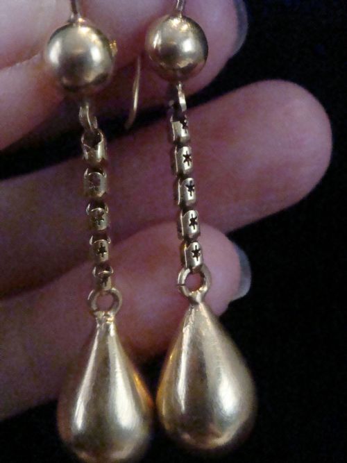 EDWARDIAN VICTORIAN 9CT YELLOW GOLD EARRINGS WITH STARBURST CHAIN DROP 42G - ADDITIONAL PHOTO 5