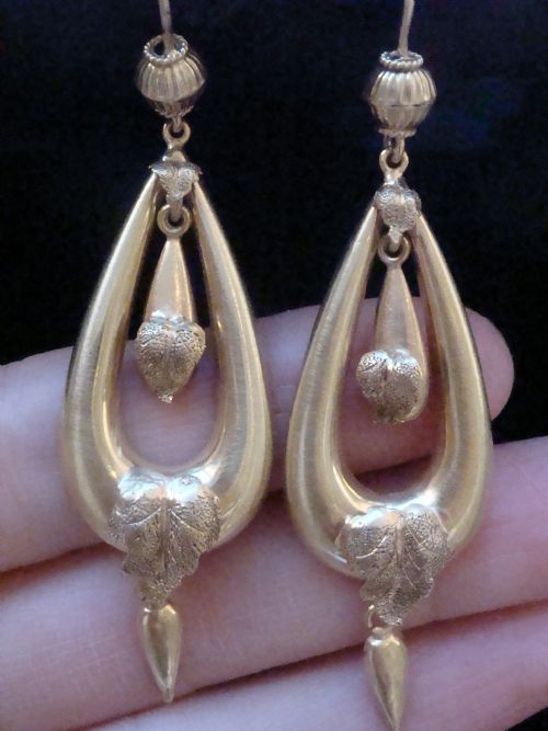 VICTORIAN EDWARDIAN 9CT YELLOW GOLD LARGE LEAF DROP EARRINGS - ADDITIONAL PHOTO 1