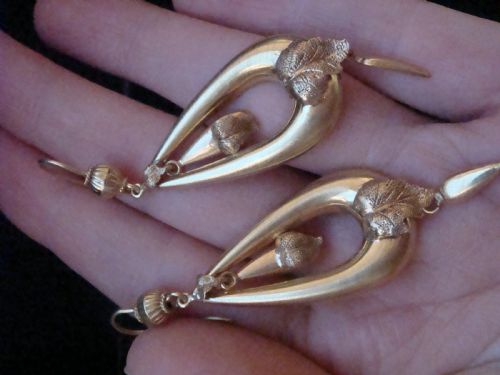 VICTORIAN EDWARDIAN 9CT YELLOW GOLD LARGE LEAF DROP EARRINGS - ADDITIONAL PHOTO 2