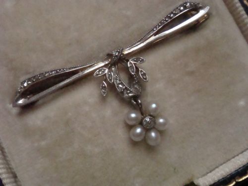 EDWARDIAN 18CT MAPPIN AND WEBB PEARL ROSE CUT DIAMOND BROOCH IN ORIGINAL BOX 29 - ADDITIONAL PHOTO 4