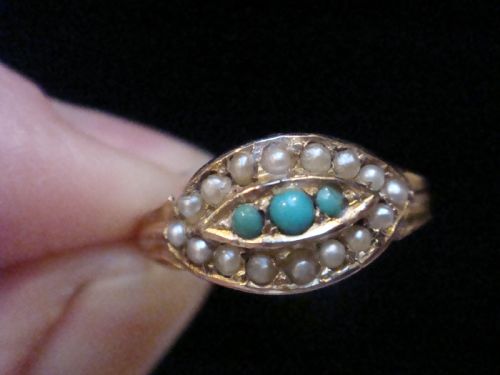 EDWARDIAN 9CT TURQUOISE AND PEARL EVIL EYE RING 15G - ADDITIONAL PHOTO 3