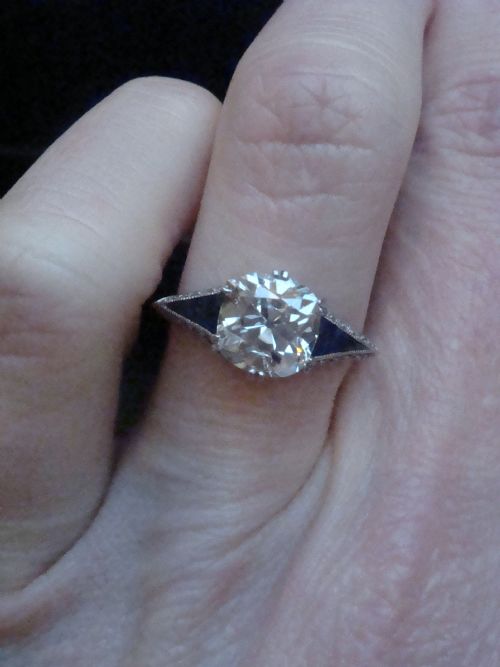 FRENCH ART DECO PLATINUM 180CT TRANSITIONAL CUT DIAMOND SAPPHIRE SOLITAIRE RING - ADDITIONAL PHOTO 11