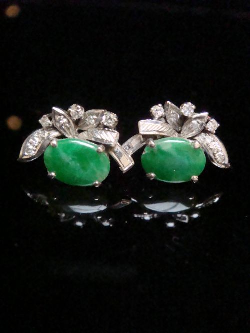 RETRO 14CT WHITE GOLD JADE AND DIAMOND STUD EARRINGS 25G - ADDITIONAL PHOTO 1