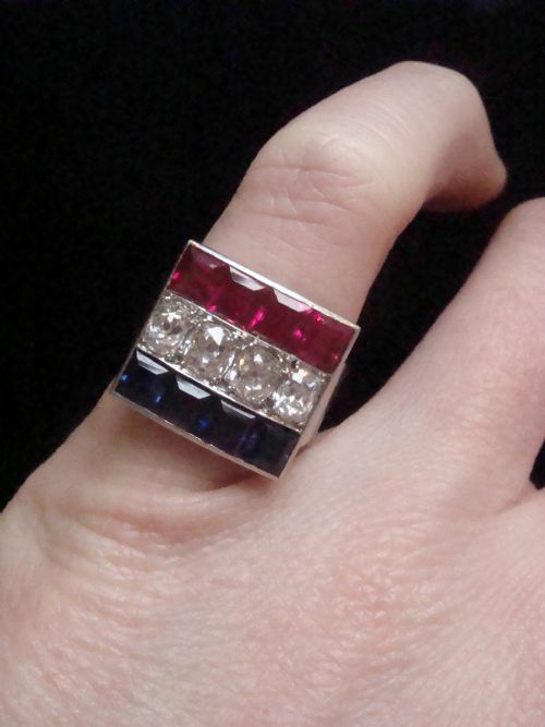 FRENCH ART DECO PLATINUM TRICOLOUR DIAMOND RUBY SAPPHIRE RING 119G - ADDITIONAL PHOTO 2