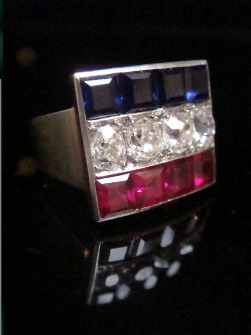 FRENCH ART DECO PLATINUM TRICOLOUR DIAMOND RUBY SAPPHIRE RING 119G - ADDITIONAL PHOTO 3