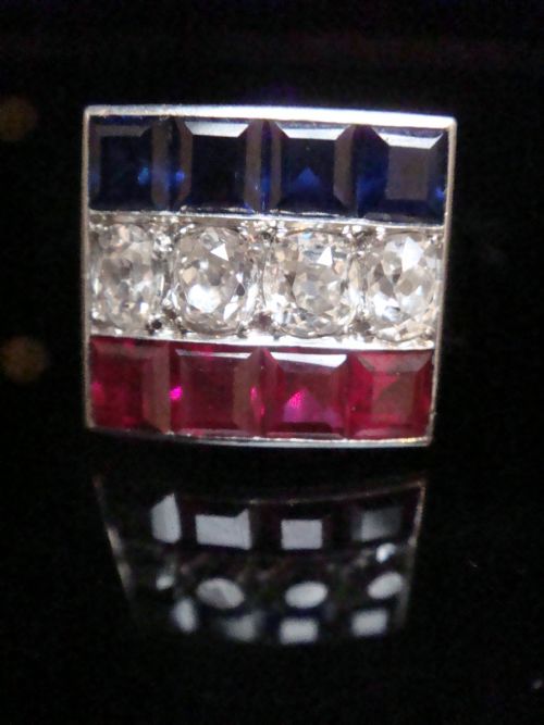 FRENCH ART DECO PLATINUM TRICOLOUR DIAMOND RUBY SAPPHIRE RING 119G - ADDITIONAL PHOTO 4