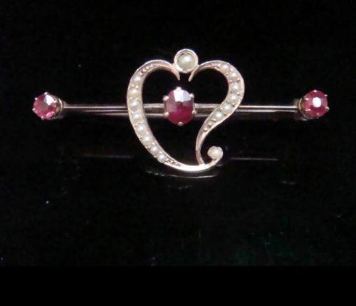 EDWARDIAN 9CT RUBY AND PEARL HEART BROOCH - ADDITIONAL PHOTO 1