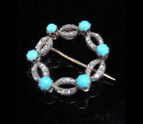 ORIGINAL EDWARDIAN 18CT AND SILVER TURQUOISE DIAMOND BROOCH 37G