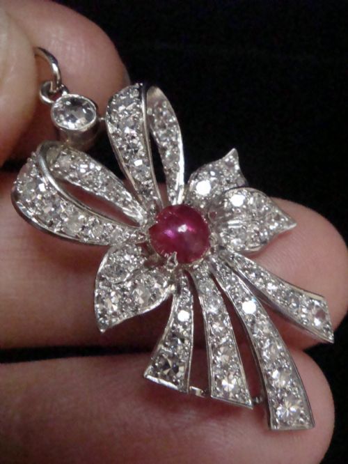 EDWARDIAN PLATINUM RUBY AND DIAMOND BOW PENDANT - ADDITIONAL PHOTO 2