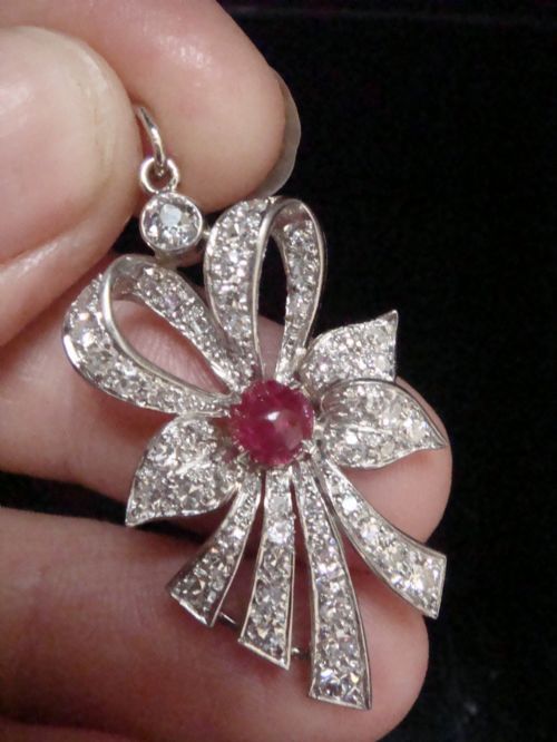 EDWARDIAN PLATINUM RUBY AND DIAMOND BOW PENDANT - ADDITIONAL PHOTO 1