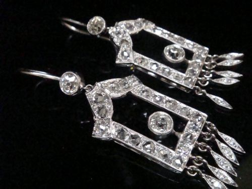 ART DECO PLATINUM OLD CUT 200CT DIAMOND DROP EARRINGS - ADDITIONAL PHOTO 3