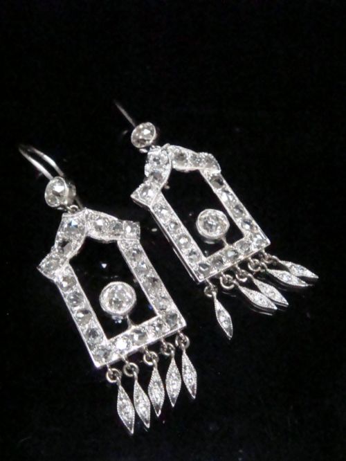 ART DECO PLATINUM OLD CUT 200CT DIAMOND DROP EARRINGS - ADDITIONAL PHOTO 4