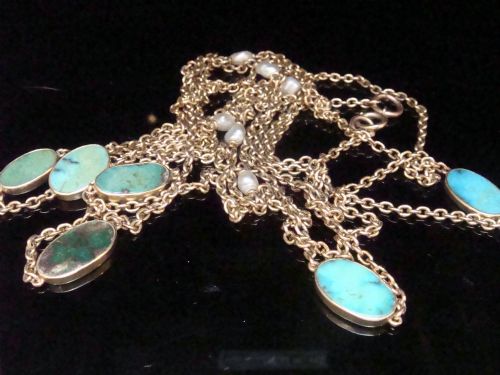 Edwardian 15ct Yellow Gold Turquoise Natural Pearl Longuard Chain 32 Inch 28.4g