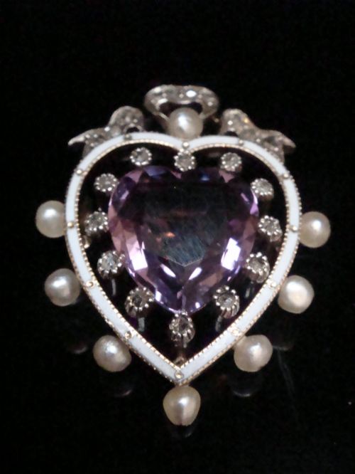 Edwardian 18ct Yellow Gold Guilloche Enamel Diamond Natural Pearl Heart Pendant