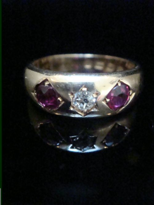 Edwardian 18ct Yellow Gold Band Ruby Old Cut Diamond Star Gypsy Band Size K 4g