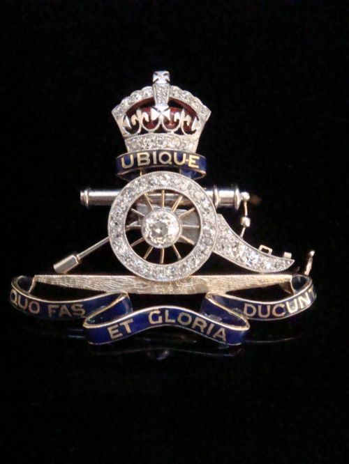 Edwardian 18ct Platinum Royal Artillery Guilloche Enamel Diamond Brooch- Superior