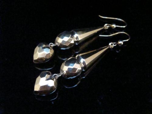 Edwardian 9ct Yellow Gold Large Heart Drop Earrings